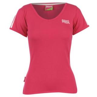 Lonsdale 2 Stripe V Neck T Shirt Ladies Very Berry