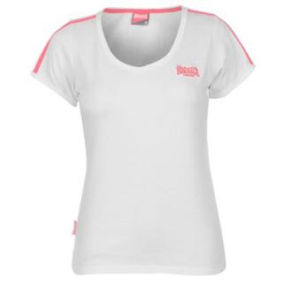 Lonsdale 2 Stripe V Neck T Shirt Ladies White/Pink